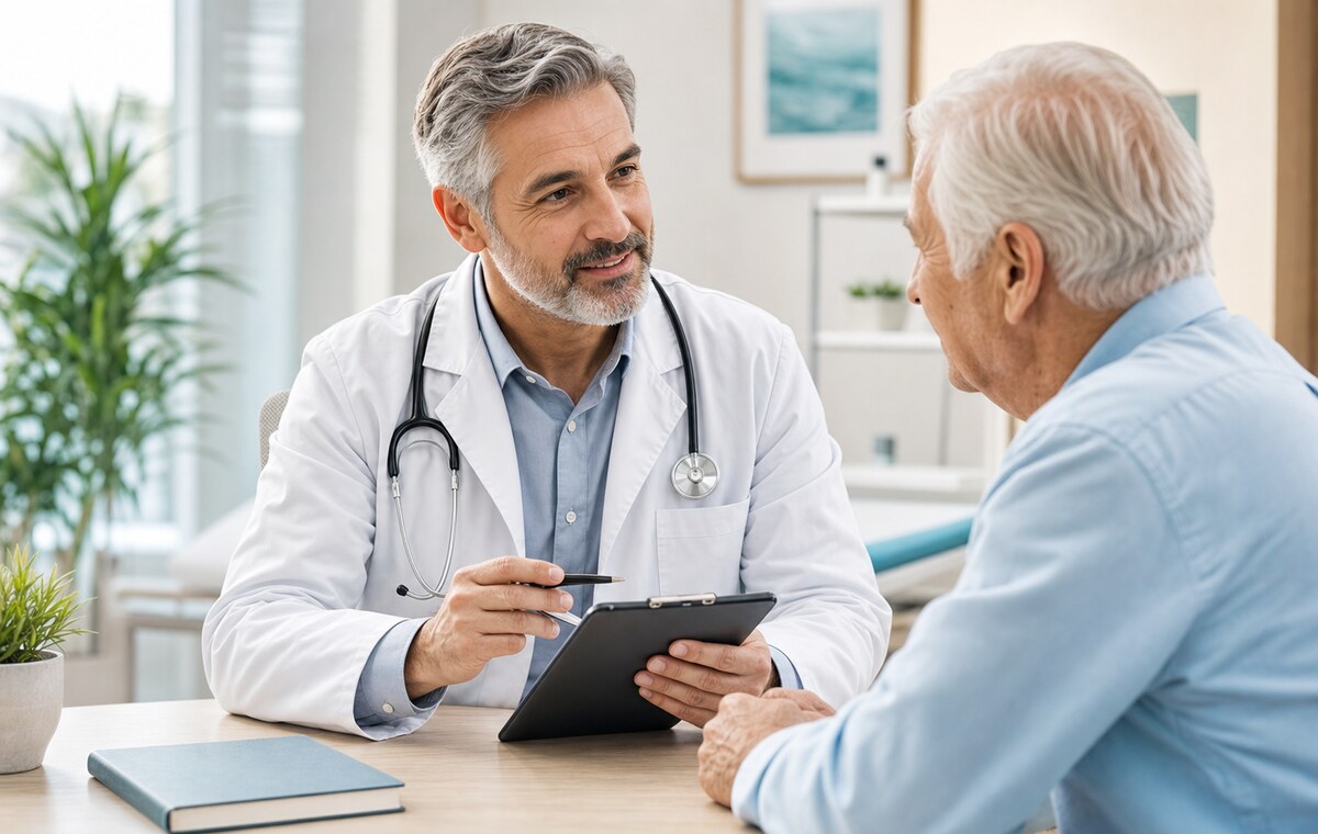 Medico preenchendo prontuario durante atendimento.