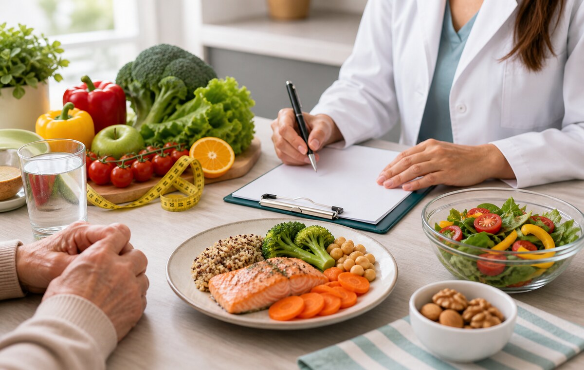 Prato com alimentos saudaveis selecionados para acompanhamento nutricional.
