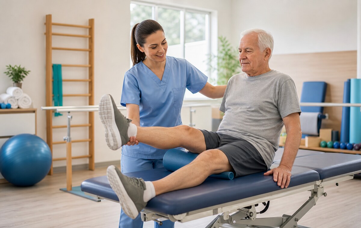 Sessao de fisioterapia para reabilitacao funcional.