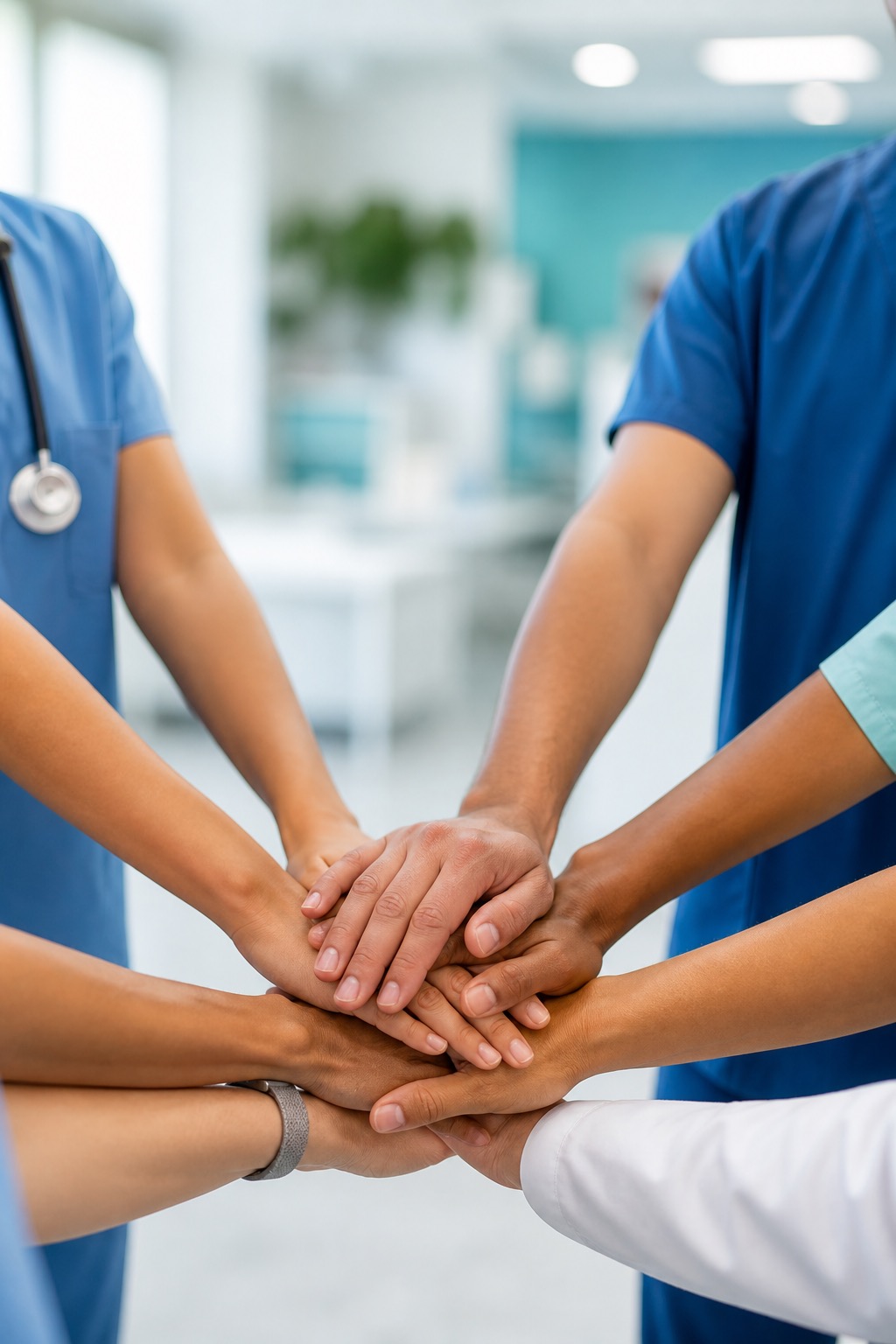 Equipe de saúde unindo as mãos em sinal de colaboração